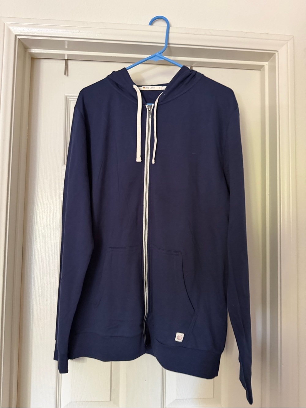 Marine Layer Navy Blue Full-Zip Hoodie with White Drawstrings